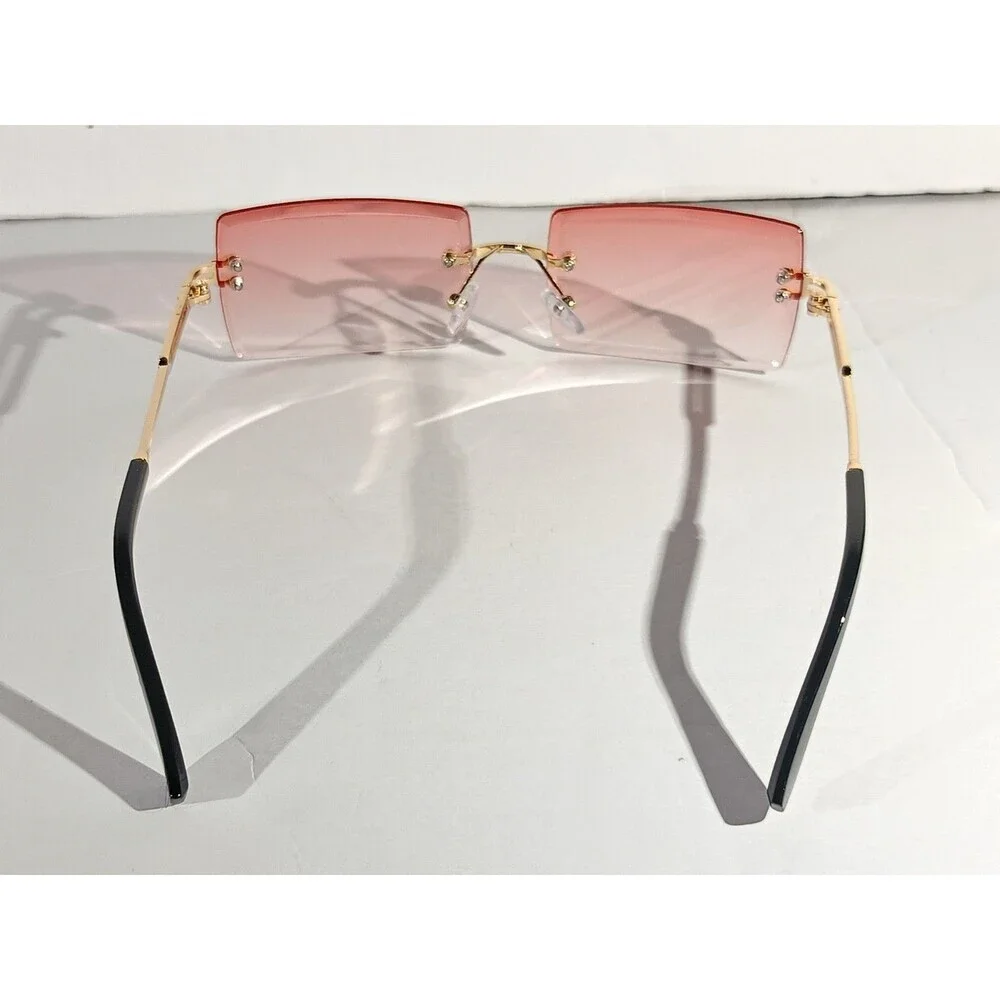 Rimless Square Sunglasses Pink Tint Unisex Metal Frame